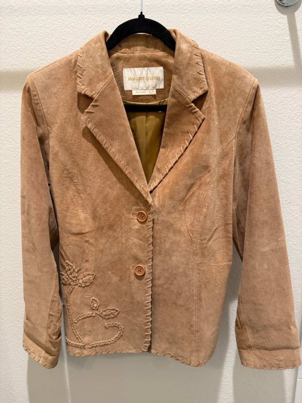 Margaret Godfrey Tan Suede Button Front Blazer with Floral Embroidery